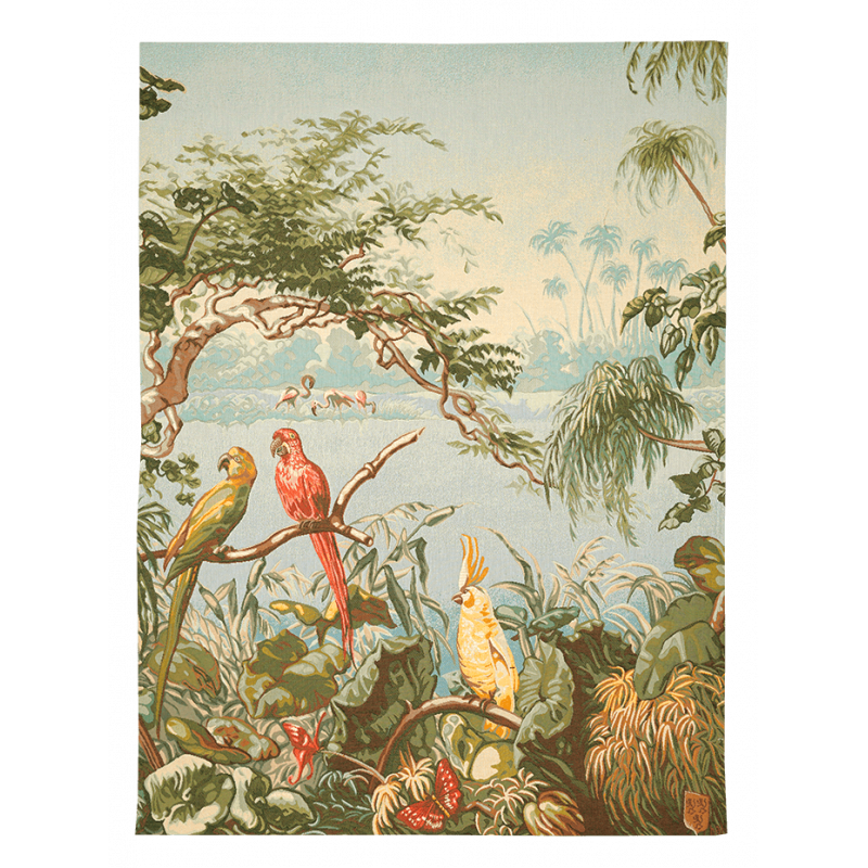 Tapisserie murale exotique Perroquet et flammant rose - Jules Pansu tissu jacquard - panoramique, décoration murale