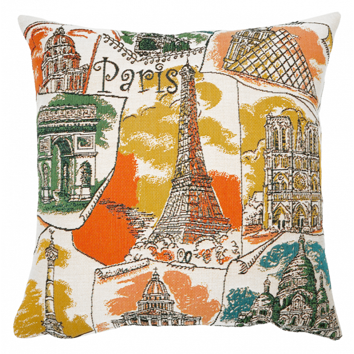 Paris mon Amour ochre cushion - Jules Pansu weaving - museum stores, souvenirs, gift ideas
