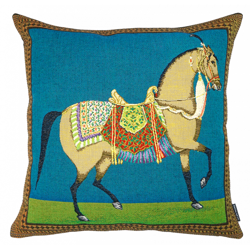coussin cheval indien Jodhpur bleu - Décoration Jules Pansu - made in France