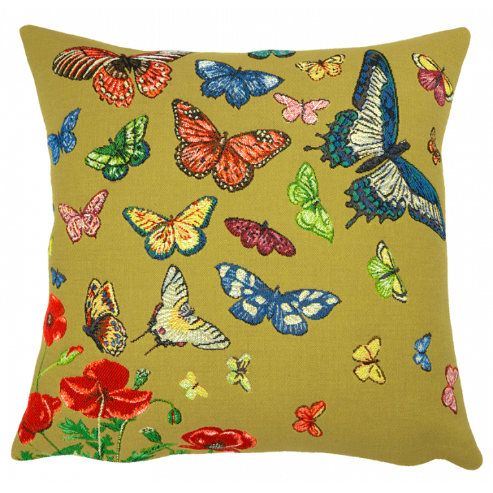 coussin papillon "ciel enchanté" ocre tissu jacquard Jules Pansu - idée déco salon, chambre