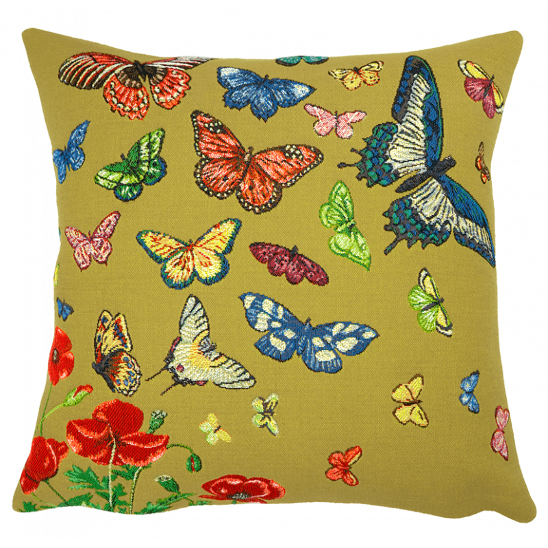 coussin papillon "ciel enchanté" ocre tissu jacquard Jules Pansu - idée déco salon, chambre