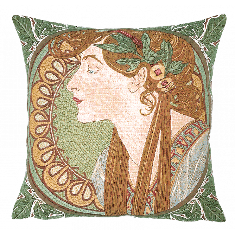 Mucha laurel leaf cushion, art deco, museum gift idea, Jules Pansu, made in France