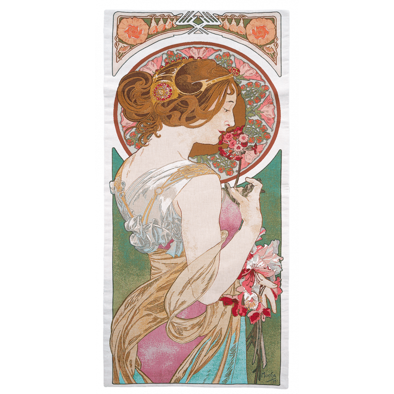 Tapisserie mucha "Primevère" style art déco en tissage jacquard Jules Pansu, éditeur, tissu