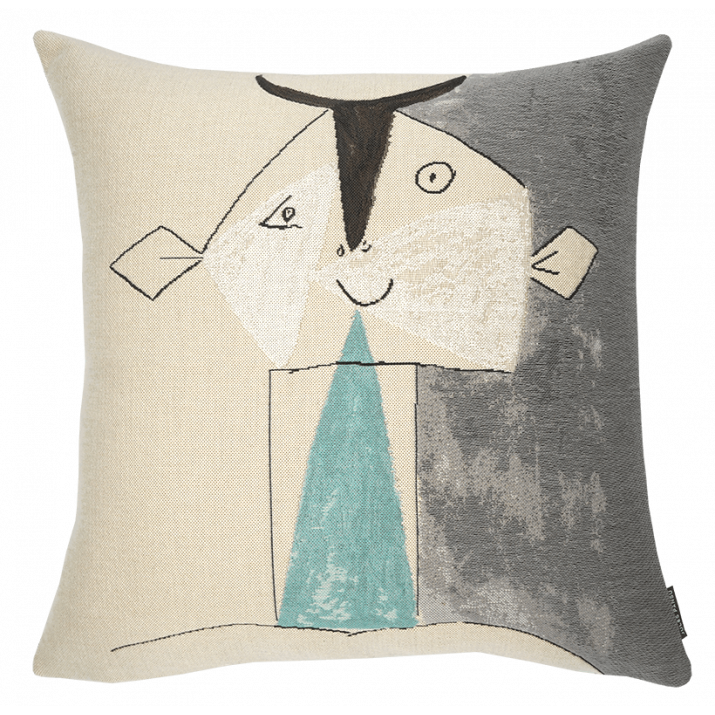 Coussin Picasso Tête de faune sur fond gris argent - édition Jules Pansu - idée déco salon, cadeau noel