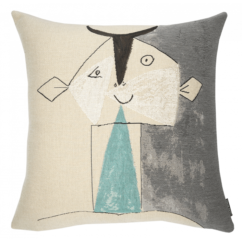 Coussin Picasso Tête de faune sur fond gris argent - édition Jules Pansu - idée déco salon, cadeau noel