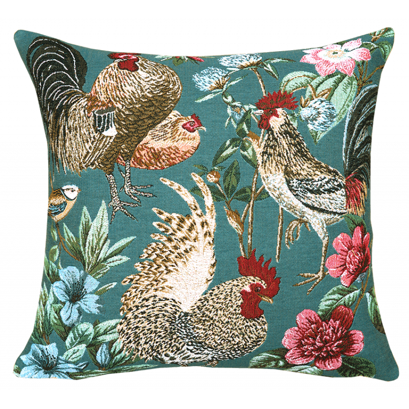Coussin poules et coqs "A la campagne" bleu tissage jacquard tapisserie Jules Pansu