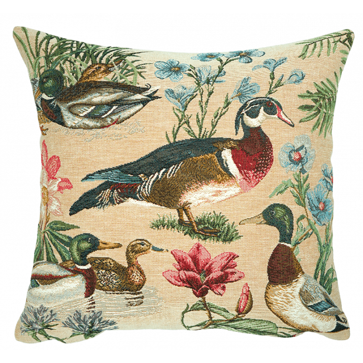 Housse de coussin canards style maison de campagne beige en tissage jacquard tapisserie Jules Pansu