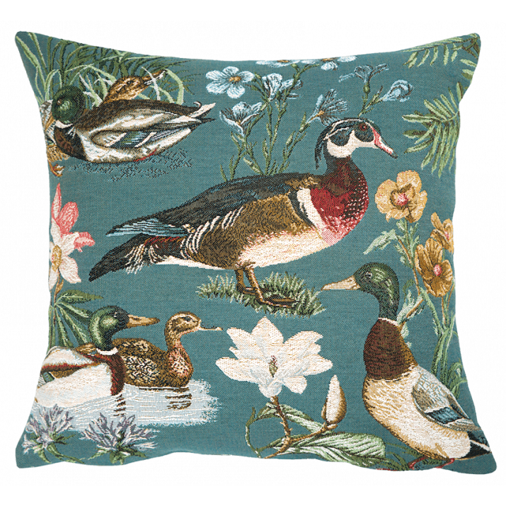 Housse de coussin canards style maison de campagne bleu en tissage jacquard tapisserie Jules Pansu