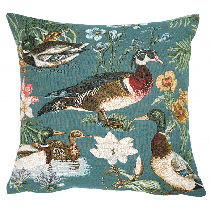 Blue cushion cover ducks country house style - jacquard weave by Jules Pansu