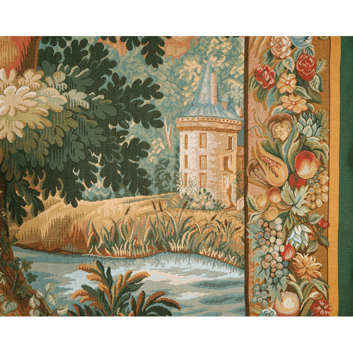 Detail of Verdure Chantilly tapestry by the french upholstery fabric manufacturer Jules Pansu - Made in France, manor decoration
