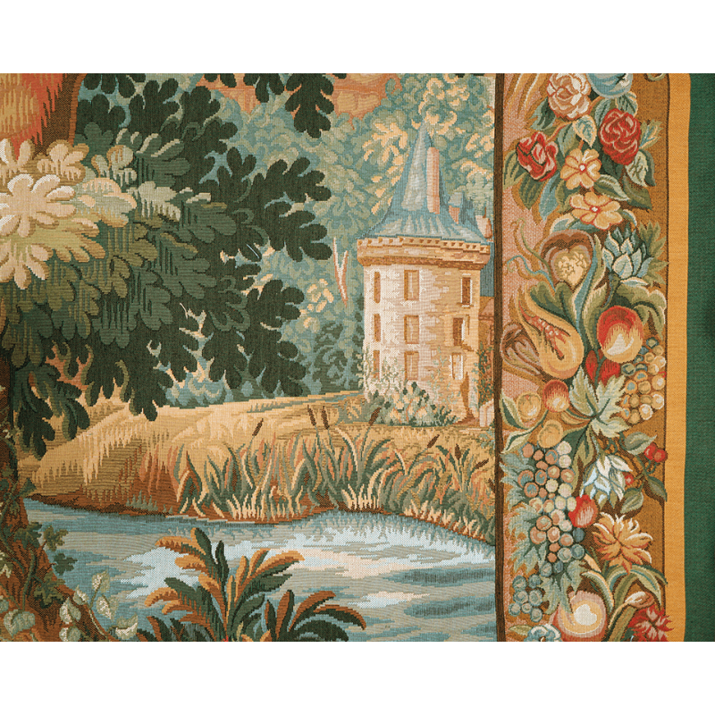 Detail of Verdure Chantilly tapestry by the french upholstery fabric manufacturer Jules Pansu - Made in France, manor decoration