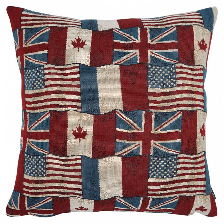 Coussin drapeaux francais, americain, canadien, anglais, commémoration du débarquement en normandie, juno beach, omaha beach