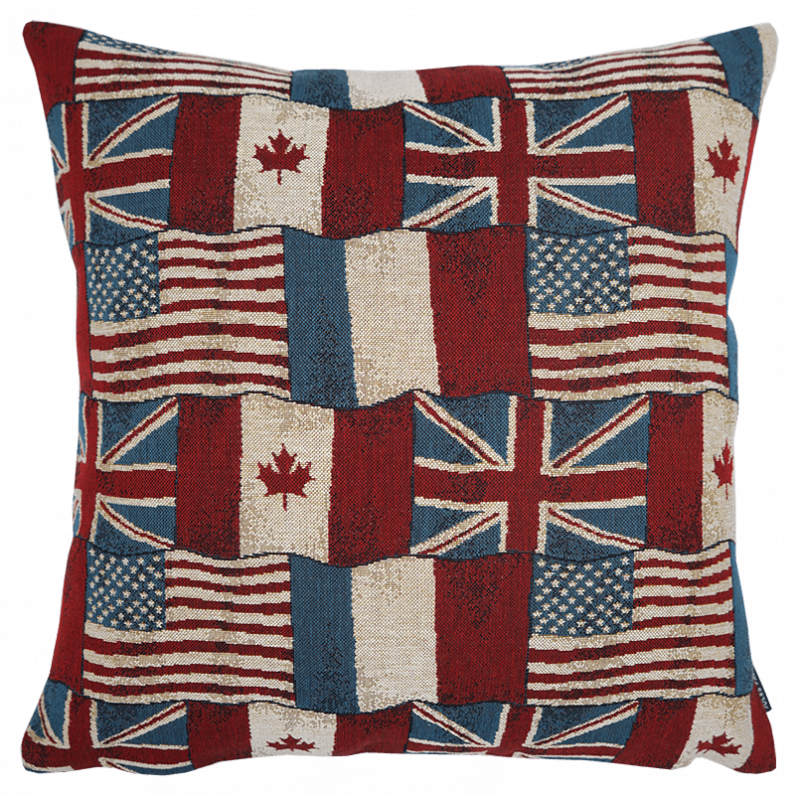 Coussin drapeaux francais, americain, canadien, anglais, commémoration du débarquement en normandie, juno beach, omaha beach