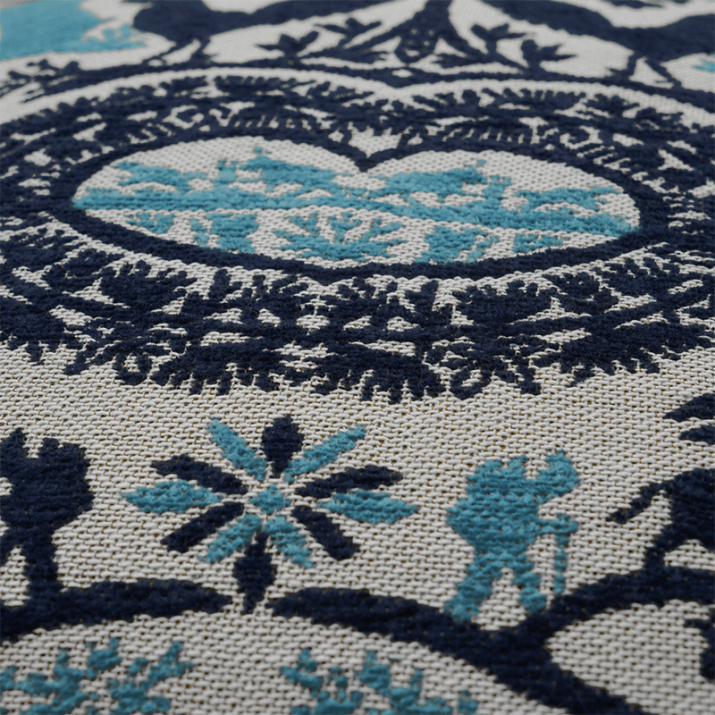 Detail of Pastoral blue cushion for a cocooning mountain chalet decor - Jules Pansu upholstery fabric edition