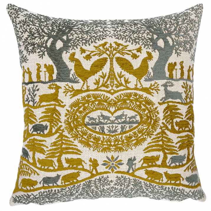 Pastoral ochre cushion for a cocooning mountain chalet decor - Jules Pansu upholstery fabric edition