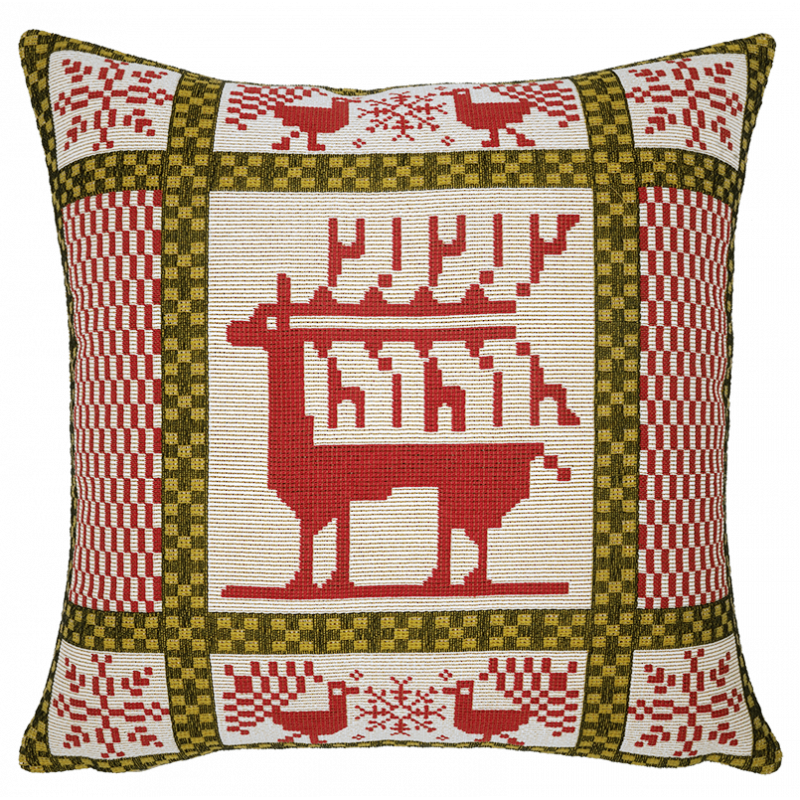 Red manitoba cushion Jules Pansu - jacquard textile, mountain, winter, rendeer