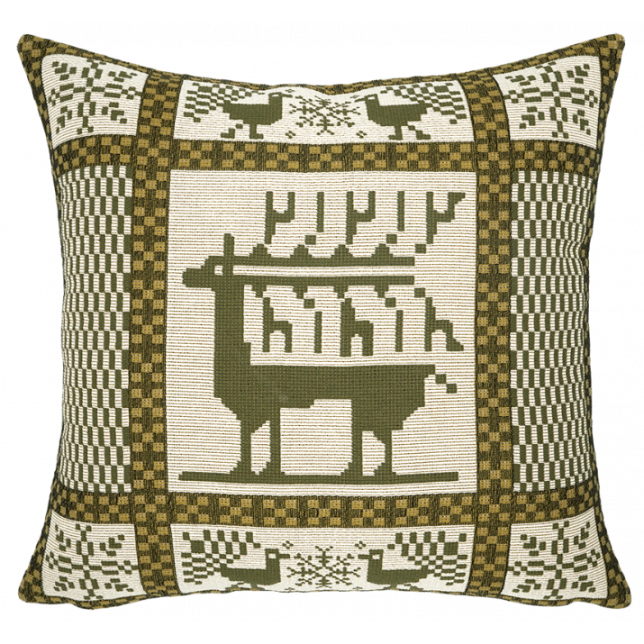 Green manitoba cushion Jules Pansu - jacquard textile, mountain, winter, rendeer