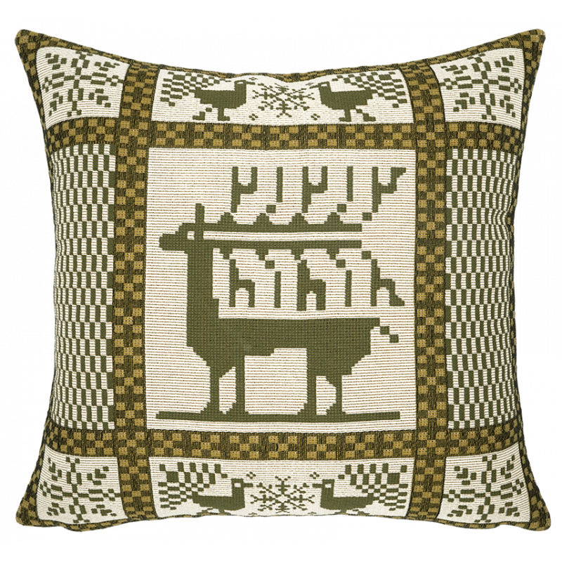 Green manitoba cushion Jules Pansu - jacquard textile, mountain, winter, rendeer