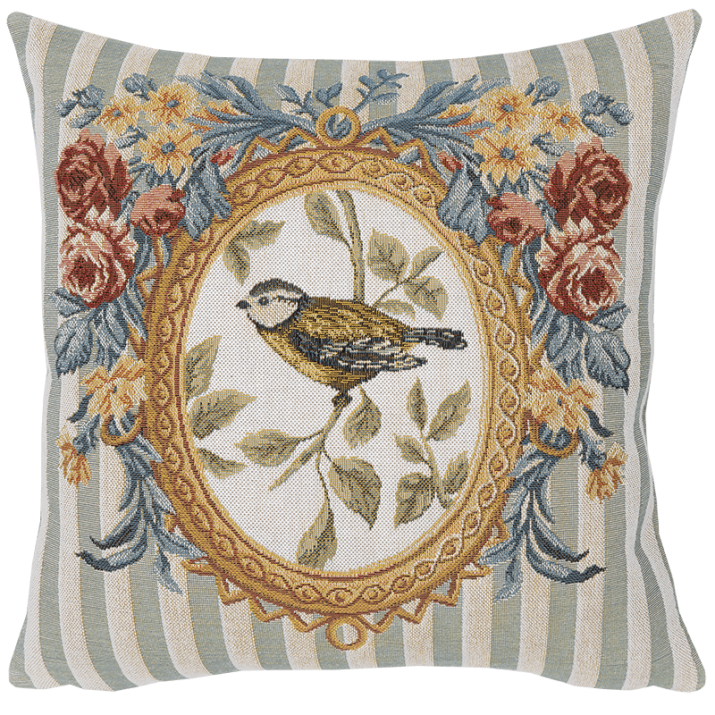 bird cushion with floral medallion and blue stripes - Jules Pansu