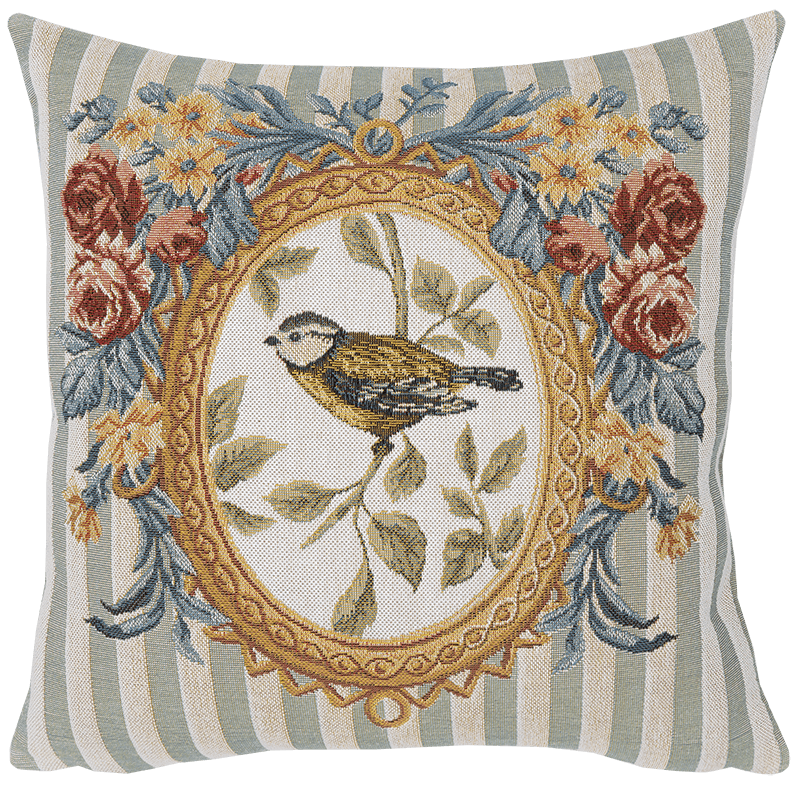 coussin oiseau médaillon fleuri et rayure bleues - Jules Pansu