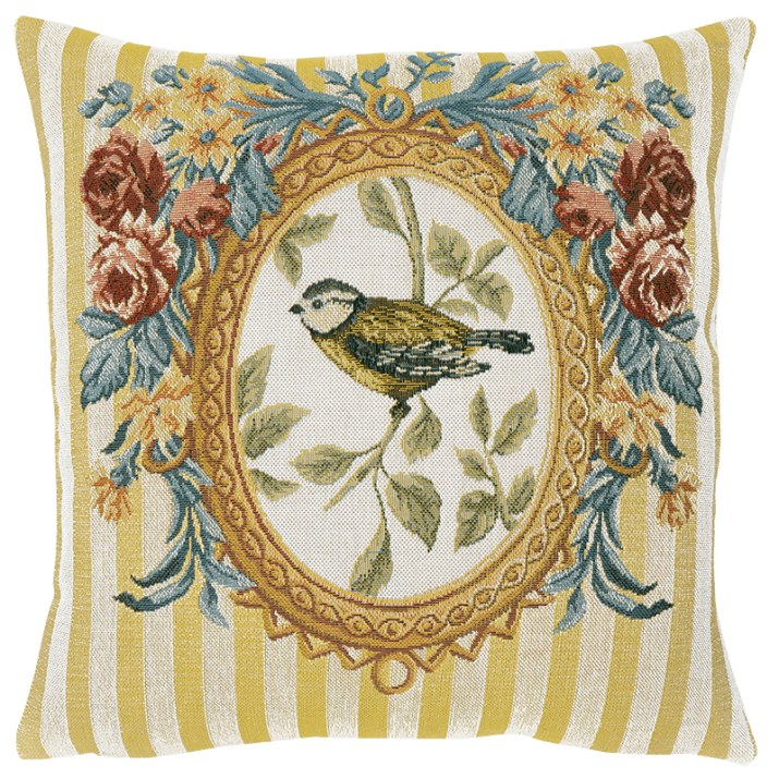 coussin oiseau médaillon fleuri et rayure jaunes - Jules Pansu