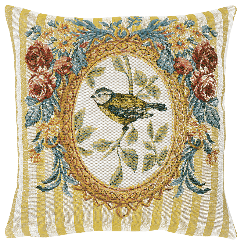 coussin oiseau médaillon fleuri et rayure jaunes - Jules Pansu