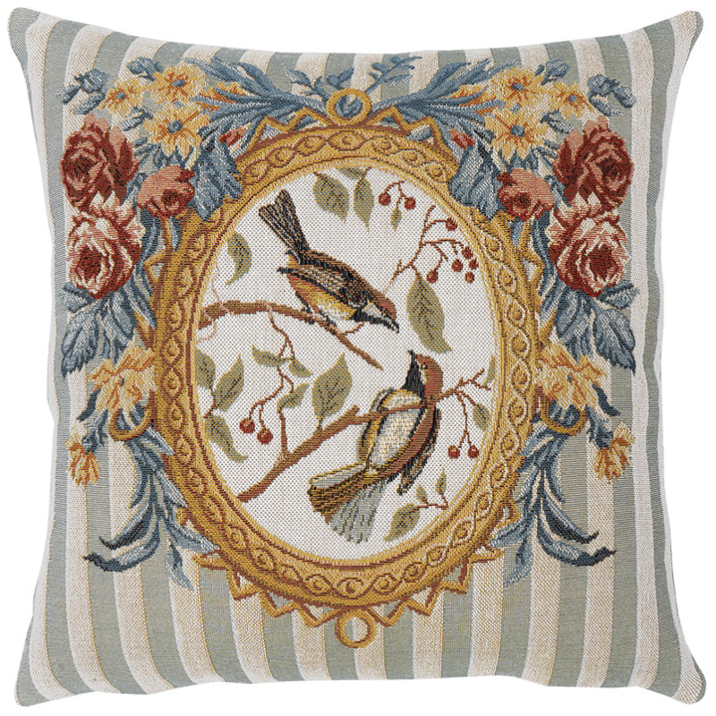 Coussin oiseau Eveil chantant, médaillon fleuri, rayure bleue - Jules Pansu