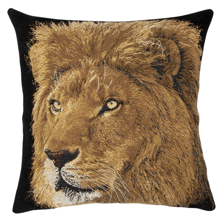 Lion cushion “The feline” in velvet-effect jacquard weave - savannah, africa - Jules Pansu tissages