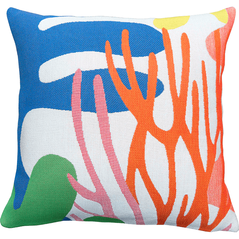 Coussin outdoor Océan, design, minimaliste, blanc, bleu orange, jaune, rose - Jules Pansu - Tissage jacquard