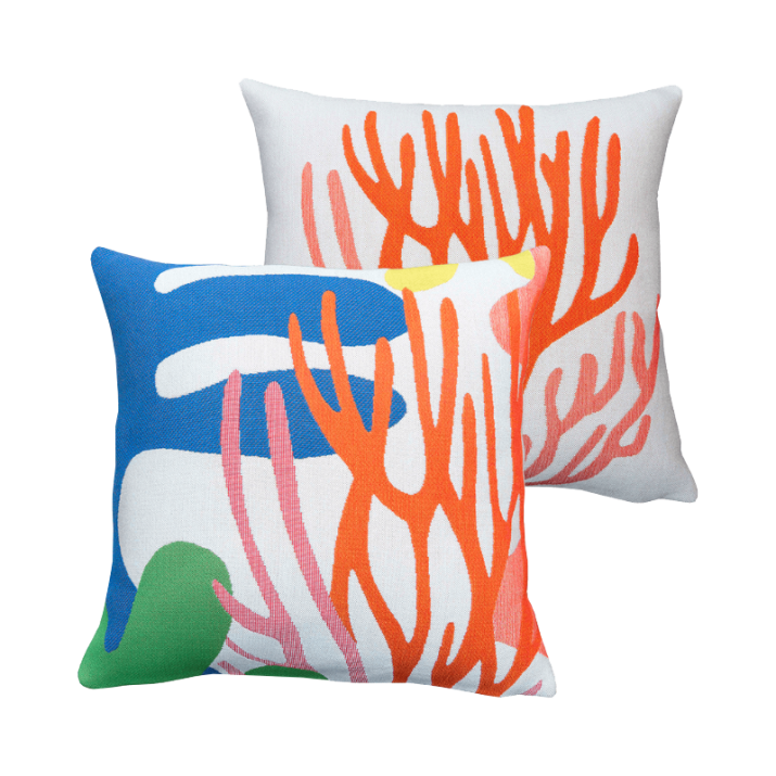 Lot de 2 coussins outdoor design - Océan/Corail - déco bord de mer - Tissage Jules Pansu
