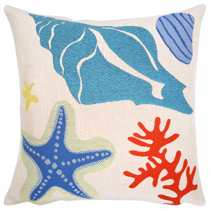 Coussin extérieur coquillages, étoile de mer, corail, outdoor, décoration de terrasse et piscine, éditeur de tissu Jules Pansu