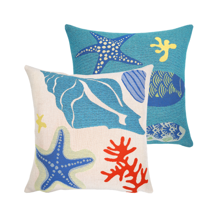 Lot de 2 coussins extérieurs coquillages, poissons, outdoor, décoration de terrasse et piscine, Jules Pansu