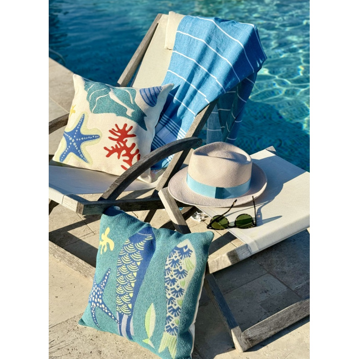 Set of 2 outdoor cushions, seashells, fish, patio and pool decor, Jules Pansu.