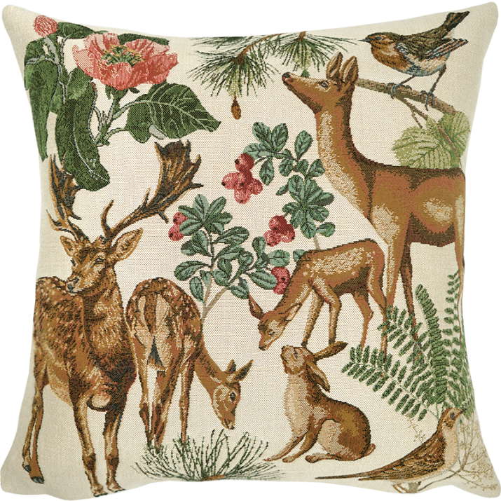 Decorative cushion with a deer, doe, rabbit and forest animals; countryside, animals, design decor, nature - Jules Pansu; 11274