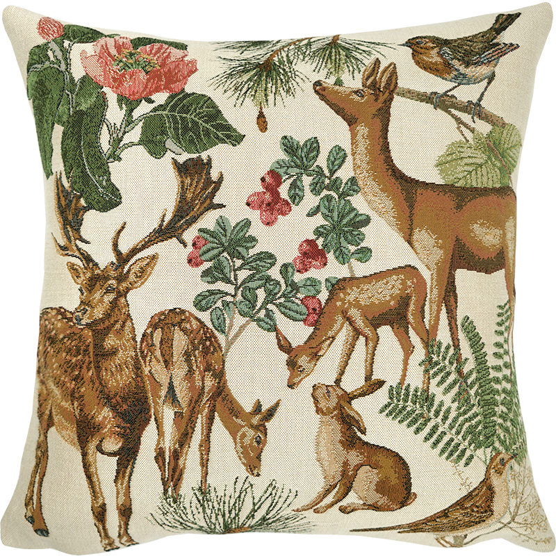 Decorative cushion with a deer, doe, rabbit and forest animals; countryside, animals, design decor, nature - Jules Pansu; 11274