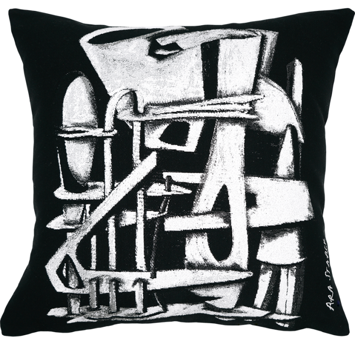 Contemporary and designer cushion, Ara Starck by Jules Pansu. Harp motif, jacquard weaver, modern interior