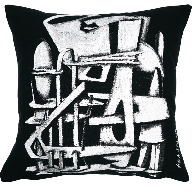 Contemporary and designer cushion, Ara Starck by Jules Pansu. Harp motif, jacquard weaver, modern interior