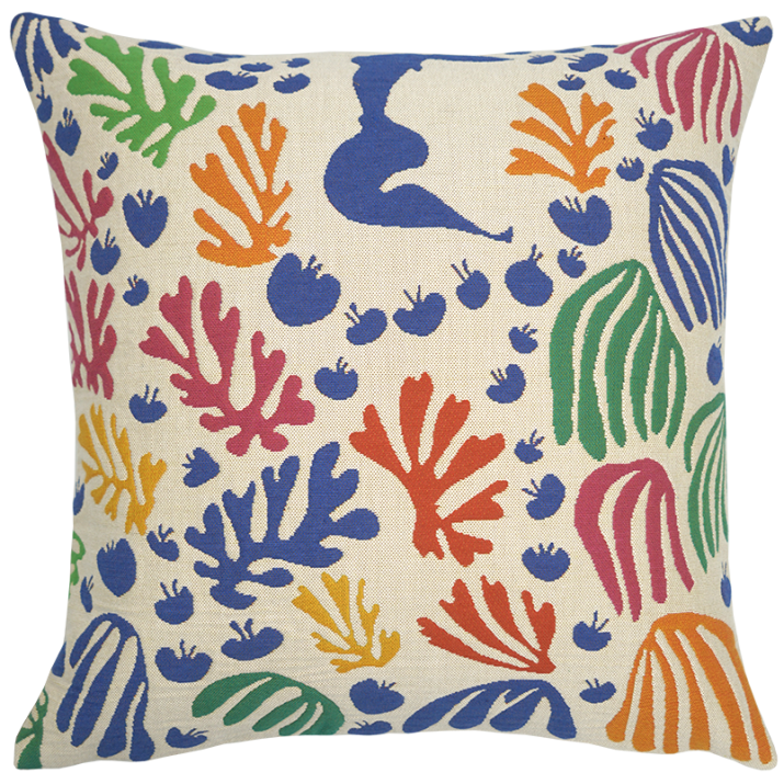 Contemporary and design Matisse cushion by Jules Pansu, inspired by The Parakeet and the Mermaid. Jacquard-woven, made in france