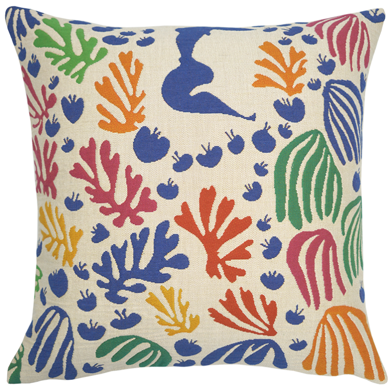 Contemporary and design Matisse cushion by Jules Pansu, inspired by The Parakeet and the Mermaid. Jacquard-woven, made in france