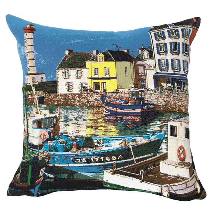 Coussin bord de mer Le Port, maison jaune, blanche, ciel bleu - Jules Pansu