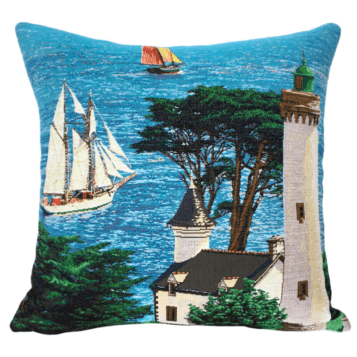 Coussin bord de mer Le Phare, arbre, voilier, cyprès, bleu, ocean - Jules Pansu
