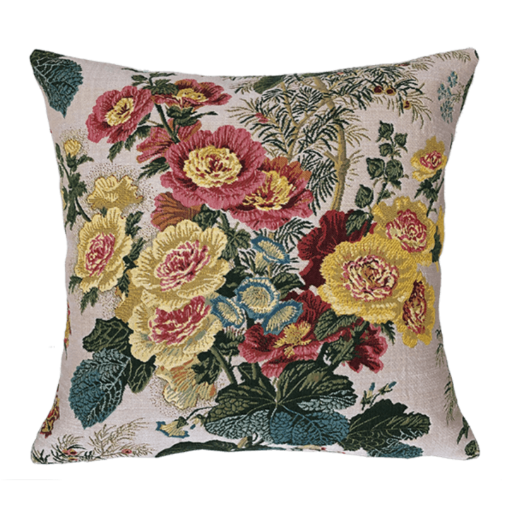 Coussin à fleurs : La folie, jaune, rose, Versailles, jardins, châteaux, pour canapé - Jules Pansu