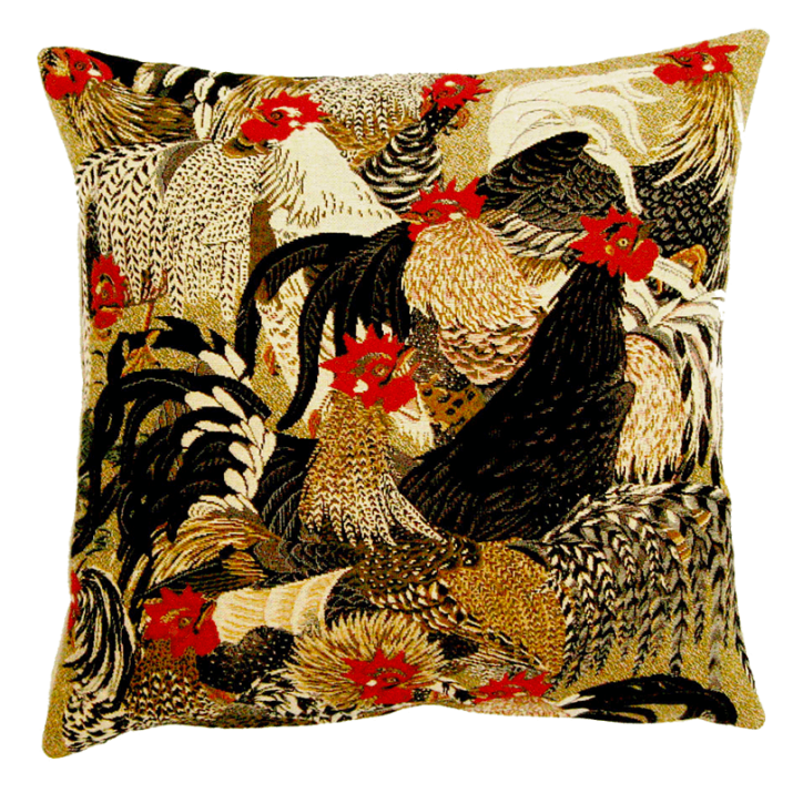 Coussin tissé Réveil Matin, coq, ambiance campagne - Jules Pansu