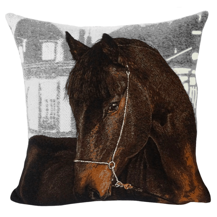 Cushion Bai Brun white, horse - Jules Pansu