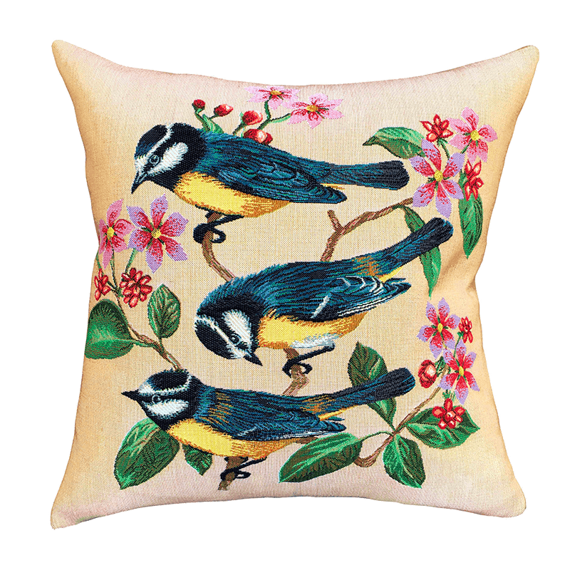 Petit coussin Les mésanges, bleu, jaune - Jules Pansu