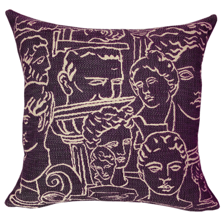 Workshop, ancient greece, burgundy   cushion, plum, bust, ancient rome, line drawing, design - Jules Pansu