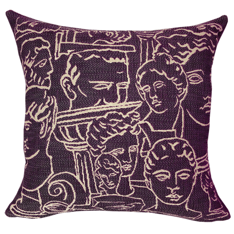 Workshop, ancient greece, burgundy   cushion, plum, bust, ancient rome, line drawing, design - Jules Pansu