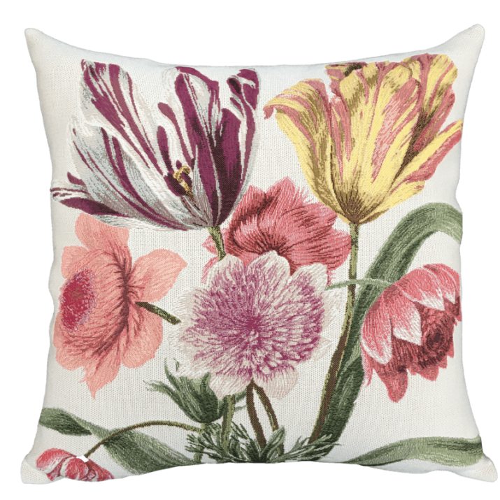 Coussin fleur Anémones et tulipes, rose, jaune, vert, rouge - Jules Pansu