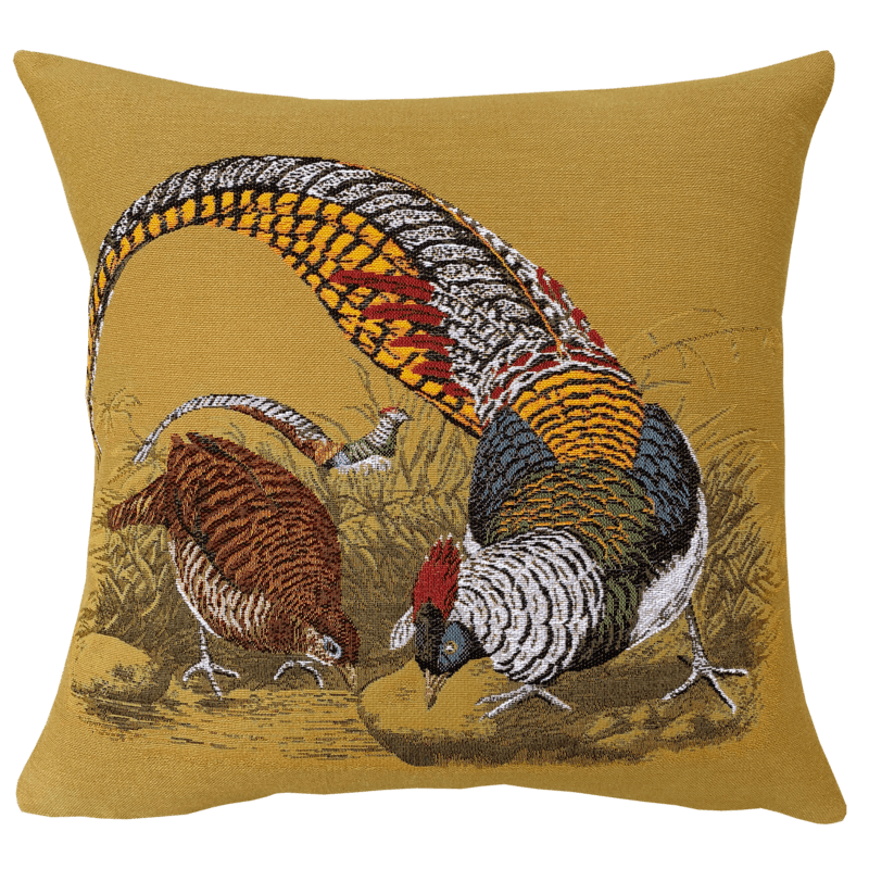 Coussin Faisans Vénérés ocre, relais chasse, campagne, oiseaux, - Jules Pansu