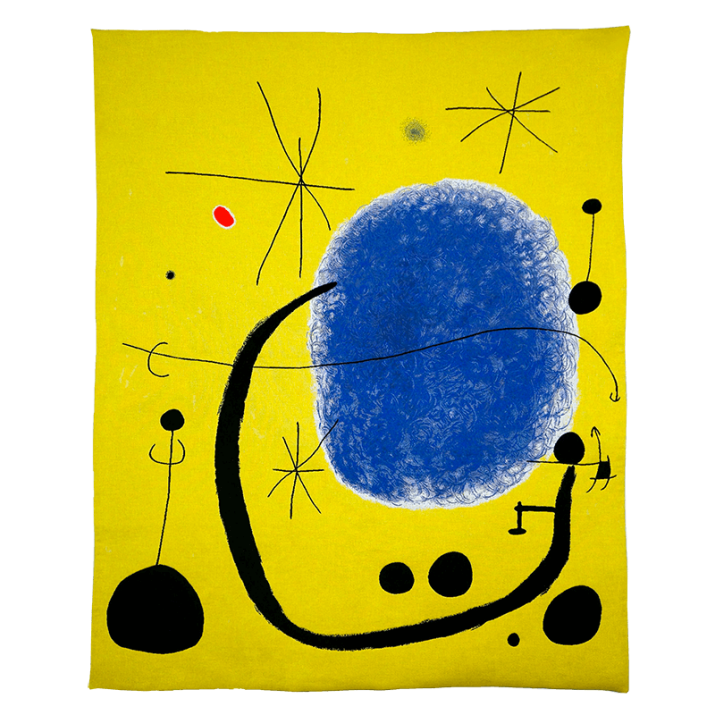 Tapisserie Miró L'Or de l'azur en tissage jacquard Jules Pansu, jaune, or, jaune, bleu, étoile, azur - ©Successió Miró